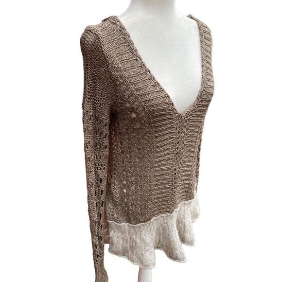 Free People Boho Open Knit Peplum Hem Sweater Tunic Brown Beige Taupe Size S - Picture 4 of 12